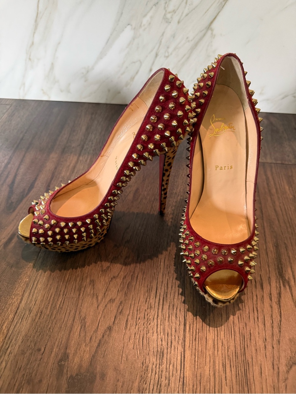 Christian Louboutin Red Studded Leopard-Trim High Heel Pumps - Picture 7 of 7